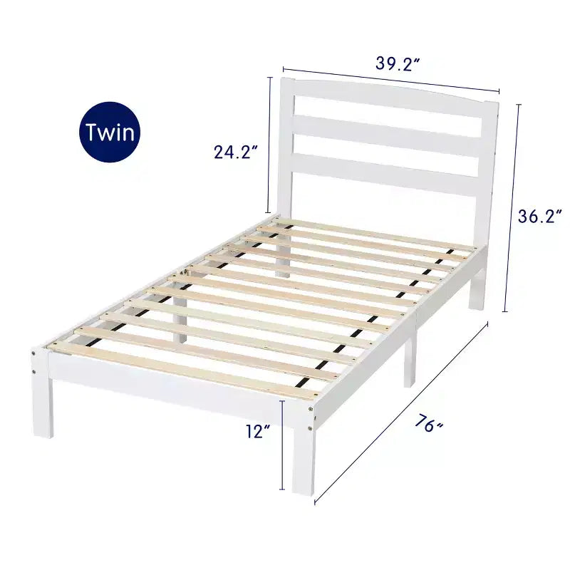 Subrtex Solid Wood Platform Bed with Headboard, Bed Frame with Wood Slat Support, White