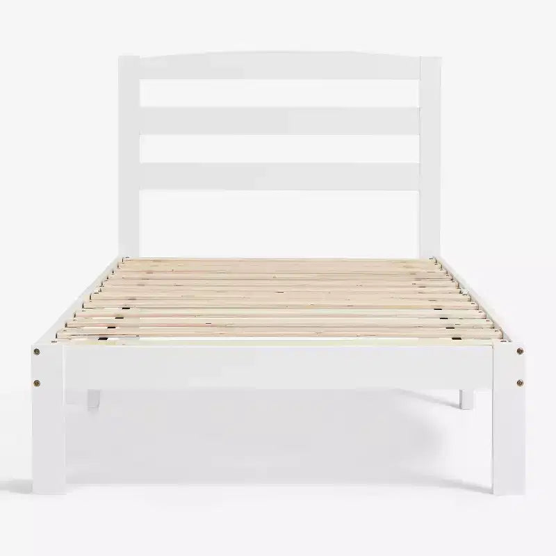 Subrtex Solid Wood Platform Bed with Headboard, Bed Frame with Wood Slat Support, White