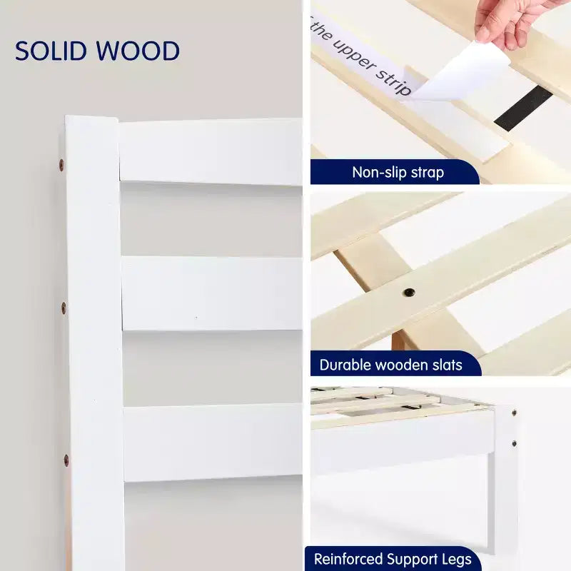 Subrtex Solid Wood Platform Bed with Headboard, Bed Frame with Wood Slat Support, White