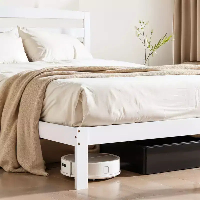 Subrtex Solid Wood Platform Bed with Headboard, Bed Frame with Wood Slat Support, White