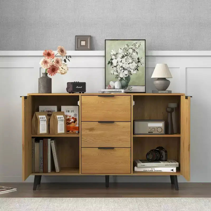 47.2 Natural Wood Sideboard Buffet Cabinet - 3 Drawers, 2 Doors, Kitchen Coffee Bar Storage Cabinet and Cupboard