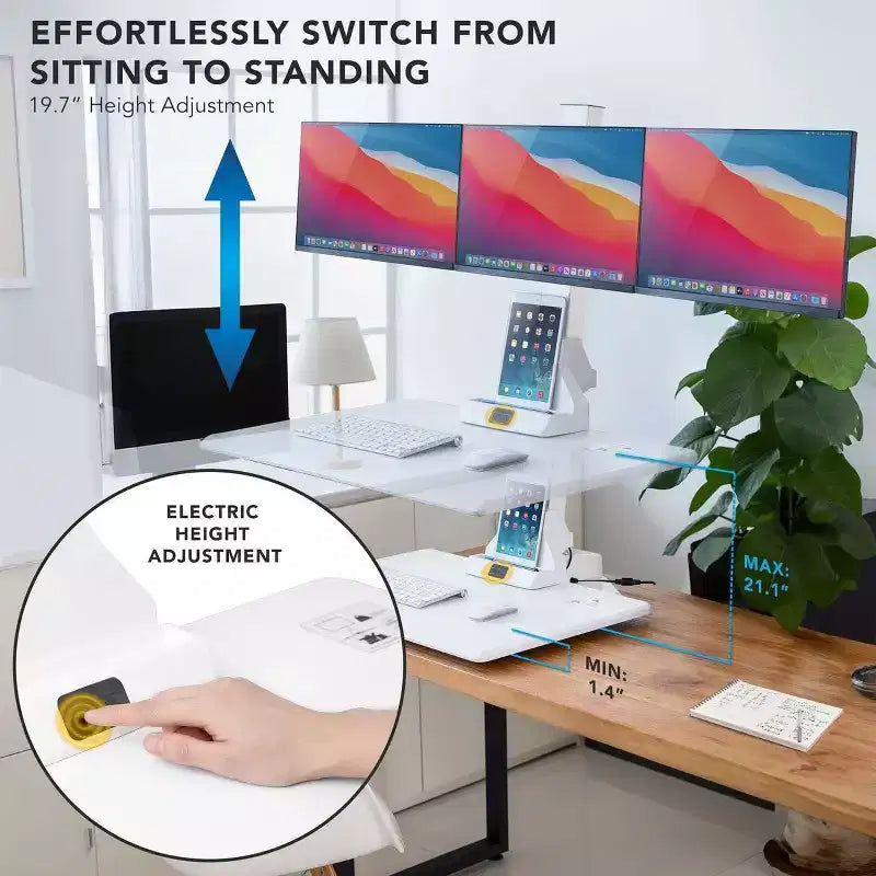 Convertisseur de bureau électrique à trois moniteurs - Bureau debout à 3 moniteurs, réglable en hauteur