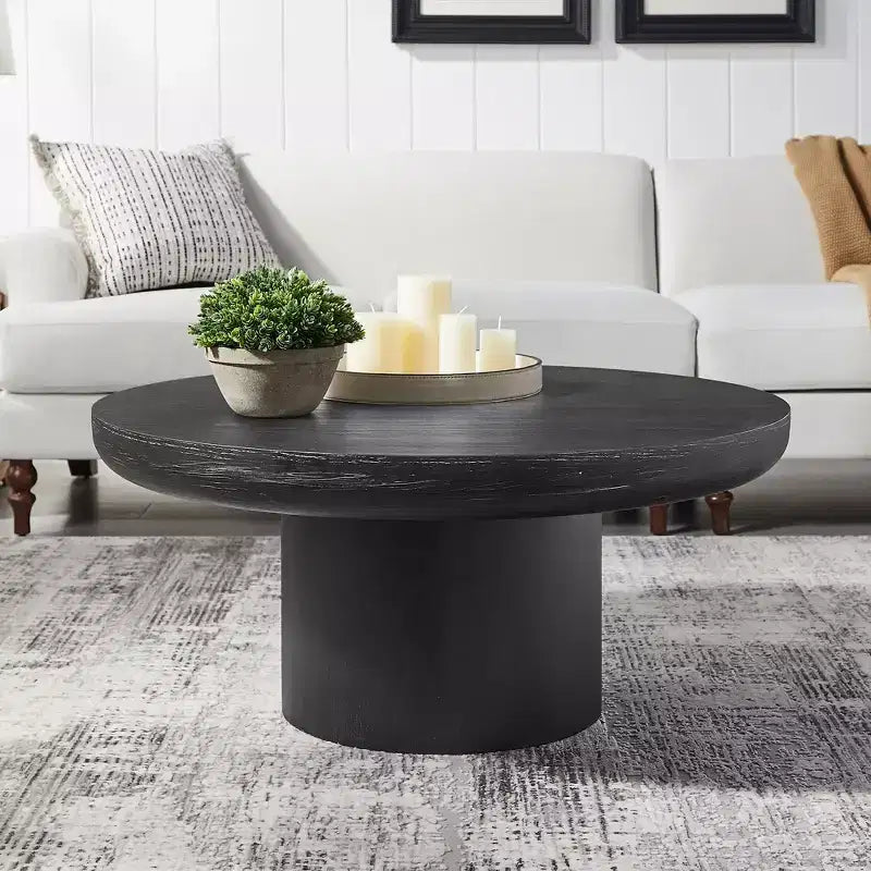 Round Coffee Table Wood Sofa Side Table Center Table with Cylindrical Leg, Black/Dark Brown-ModernLuxe