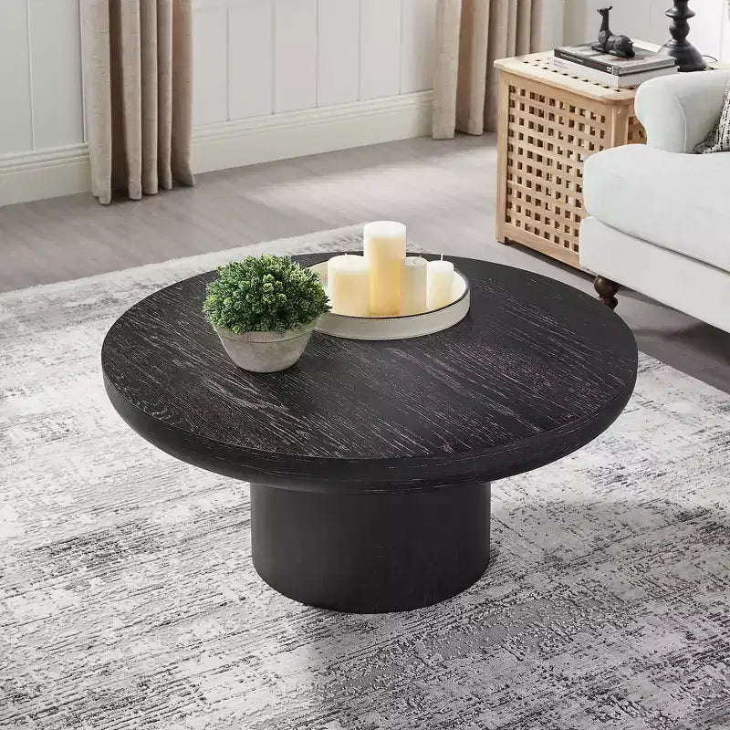 Table basse ronde Table d'appoint en bois pour canapé Table centrale avec pied cylindrique, Noir/Marron foncé - ModernLuxe