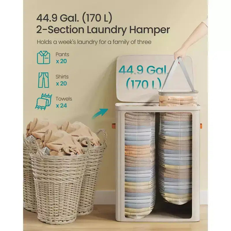 Grand panier à linge de 170 L avec couvercle, panier à linge sale à 2 compartiments, sacs intérieurs amovibles et poignées, 56 x 40 x 75 cm