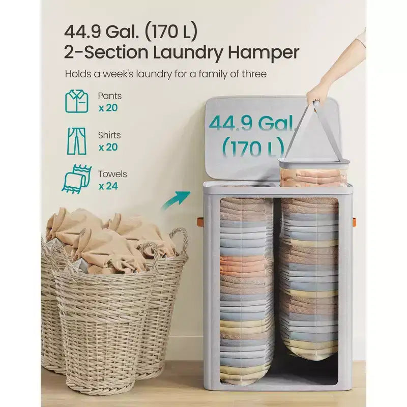 Grand panier à linge de 170 L avec couvercle, panier à linge sale à 2 compartiments, sacs intérieurs amovibles et poignées, 56 x 40 x 75 cm