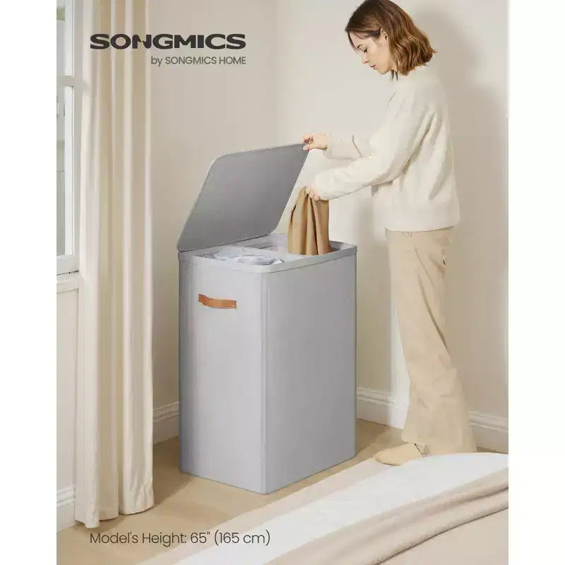 Grand panier à linge de 170 L avec couvercle, panier à linge sale à 2 compartiments, sacs intérieurs amovibles et poignées, 56 x 40 x 75 cm