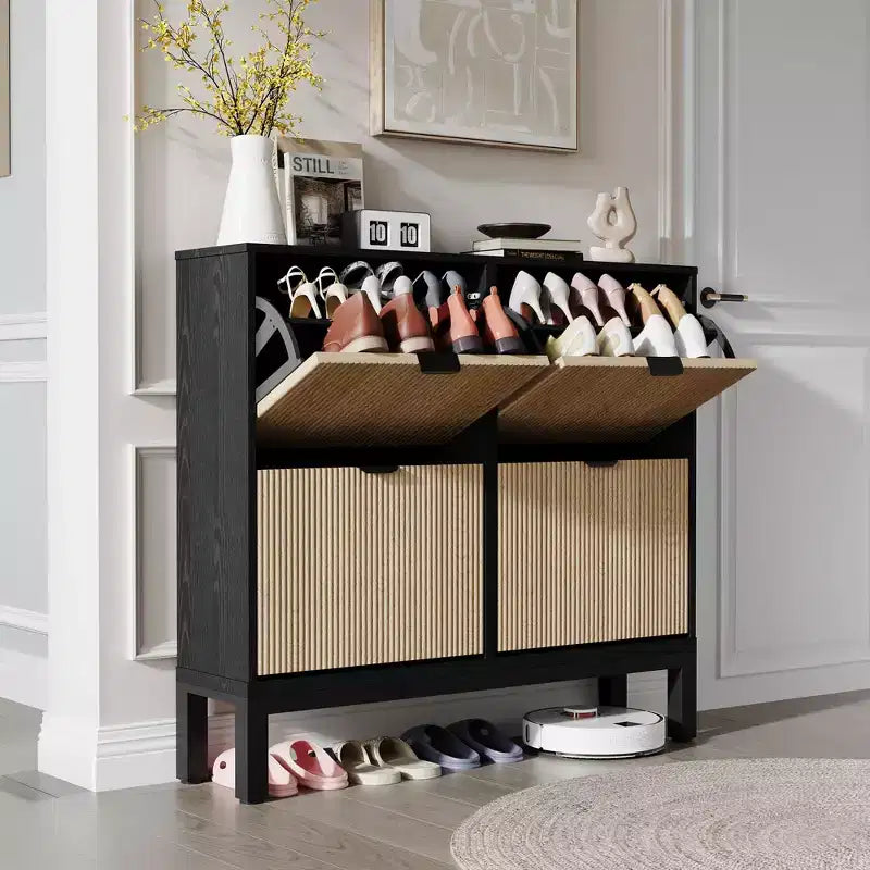 4-Drawer Shoe Cabinet - Farmhouse Fluted Design with Metal Legs, Slim Entryway Organizer for Foyer, Hallway