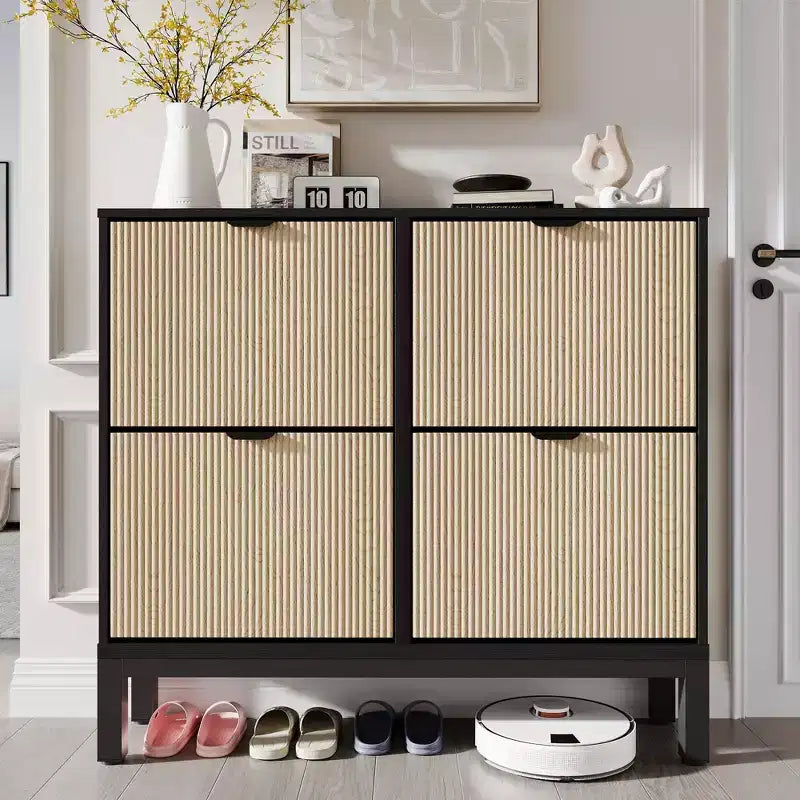 Meuble à chaussures 4 tiroirs - Design cannelé de style campagnard avec pieds en métal, Organisateur d'entrée étroit pour couloir, vestibule