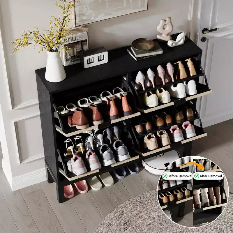 Meuble à chaussures 4 tiroirs - Design cannelé de style campagnard avec pieds en métal, Organisateur d'entrée étroit pour couloir, vestibule