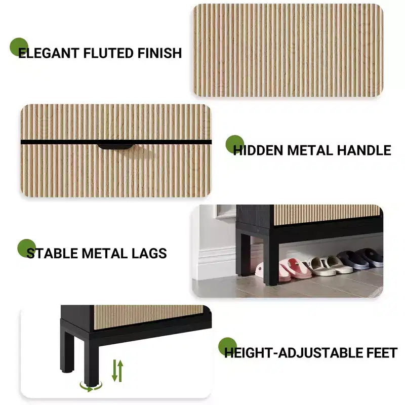 Meuble à chaussures 4 tiroirs - Design cannelé de style campagnard avec pieds en métal, Organisateur d'entrée étroit pour couloir, vestibule