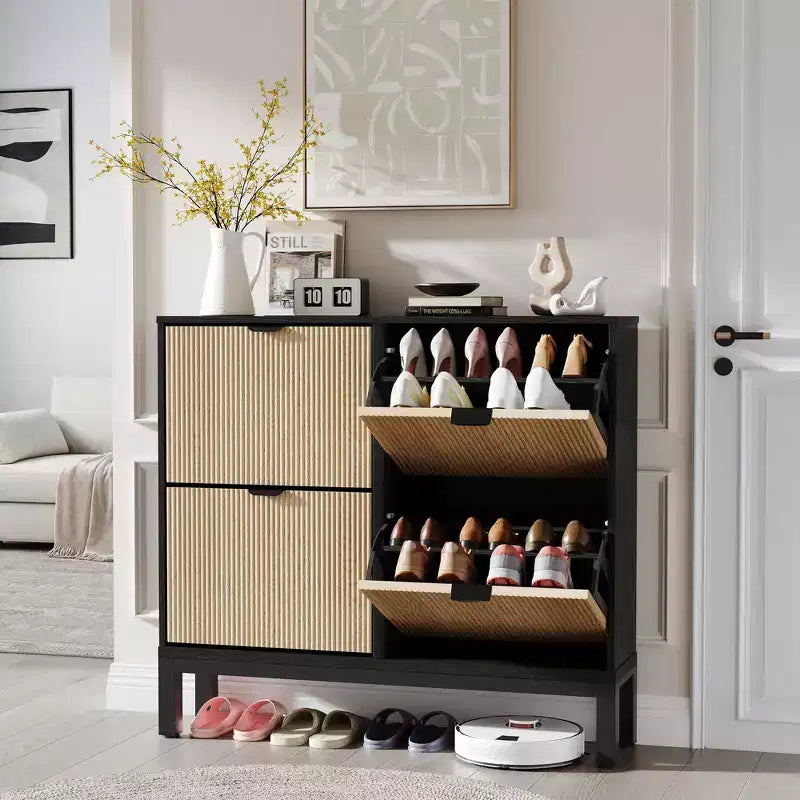 Meuble à chaussures 4 tiroirs - Design cannelé de style campagnard avec pieds en métal, Organisateur d'entrée étroit pour couloir, vestibule