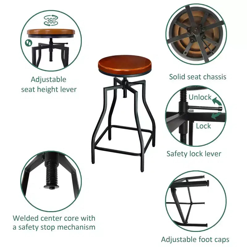 eHemco Tabouret de bar pivotant en métal avec siège en placage de bois, marron et noir, lot de 2