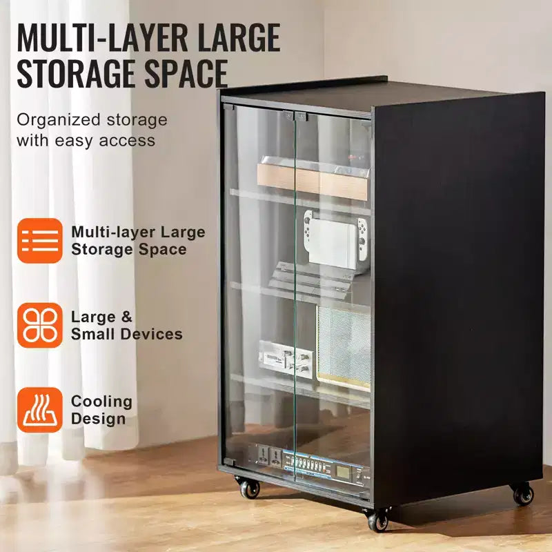 Meuble TV VEVOR 5 niveaux avec roulettes, meuble audio-vidéo en bois pour lecteurs DVD/décodeurs/consoles de jeux, support multimédia réglable en hauteur, noir
