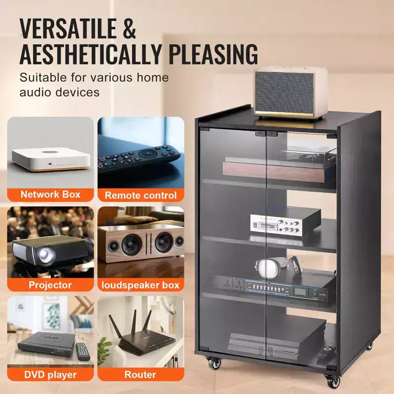 Meuble TV VEVOR 5 niveaux avec roulettes, meuble audio-vidéo en bois pour lecteurs DVD/décodeurs/consoles de jeux, support multimédia réglable en hauteur, noir