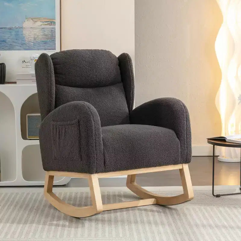 Fauteuil à bascule en tissu Teddy avec pieds en bois de hêtre, ivoire