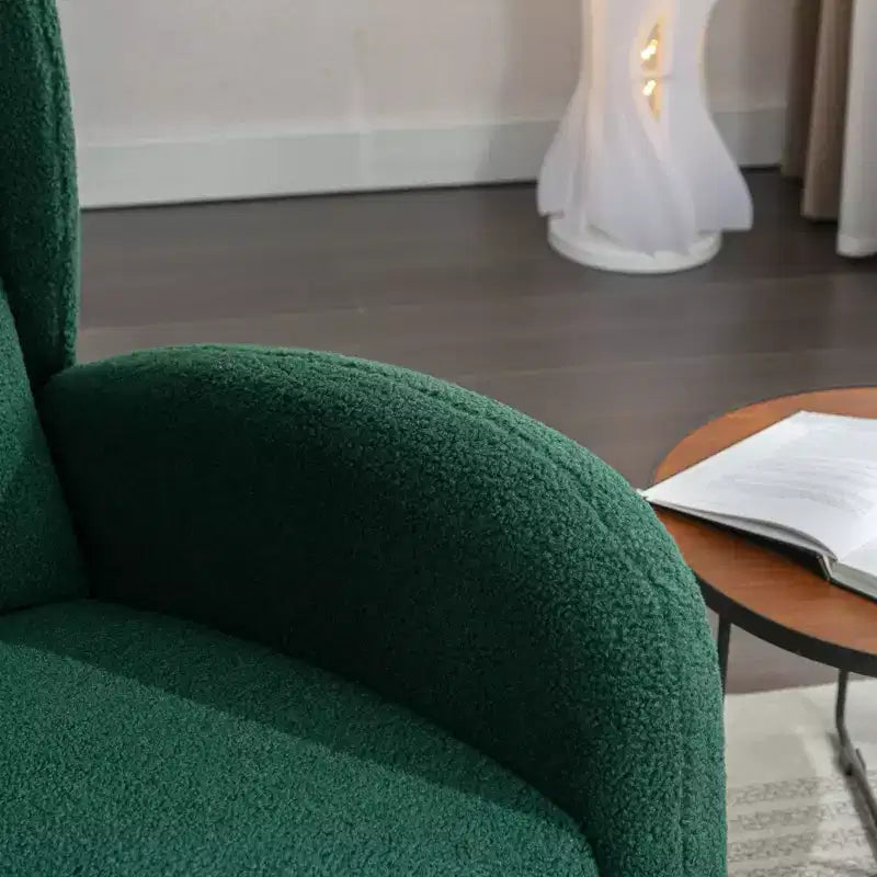 Fauteuil à bascule en tissu Teddy avec pieds en bois de hêtre, ivoire