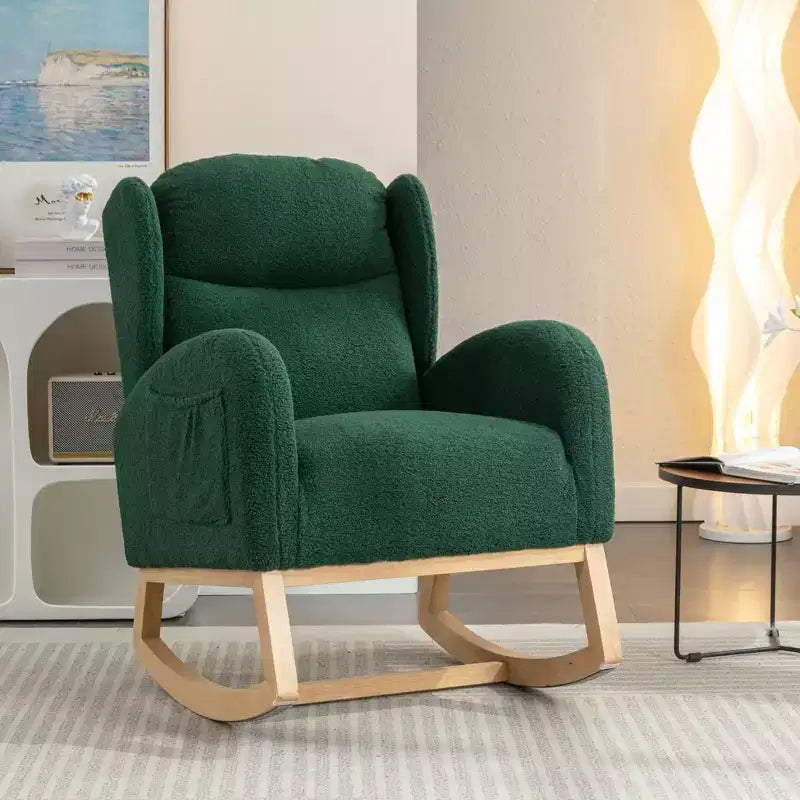 Fauteuil à bascule en tissu Teddy avec pieds en bois de hêtre, ivoire