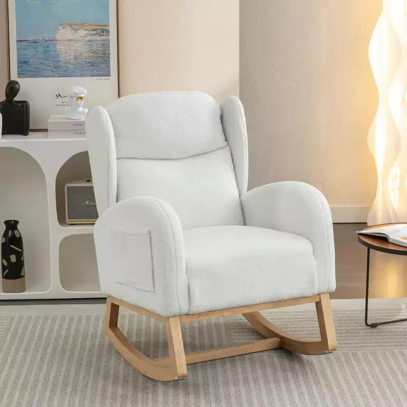 Teddy Fabric Rocking Chair With Packet Wood Legs,Ivory