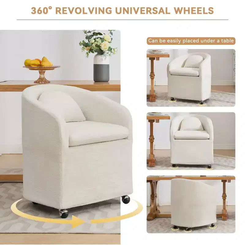 Lot de 1 fauteuil de salle à manger en tissu chenille avec coussin de dossier et roulettes universelles, beige