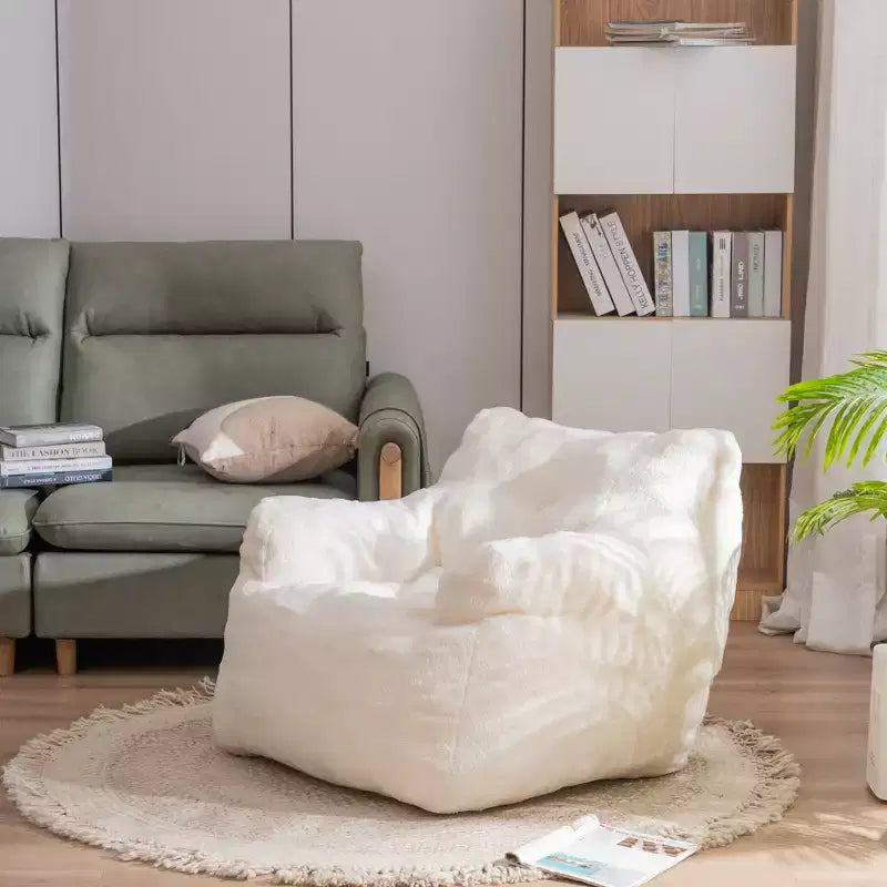 Soft Teddy Fabric Tufted Foam Bean Bag Chair With Teddy Fabric Ivory White