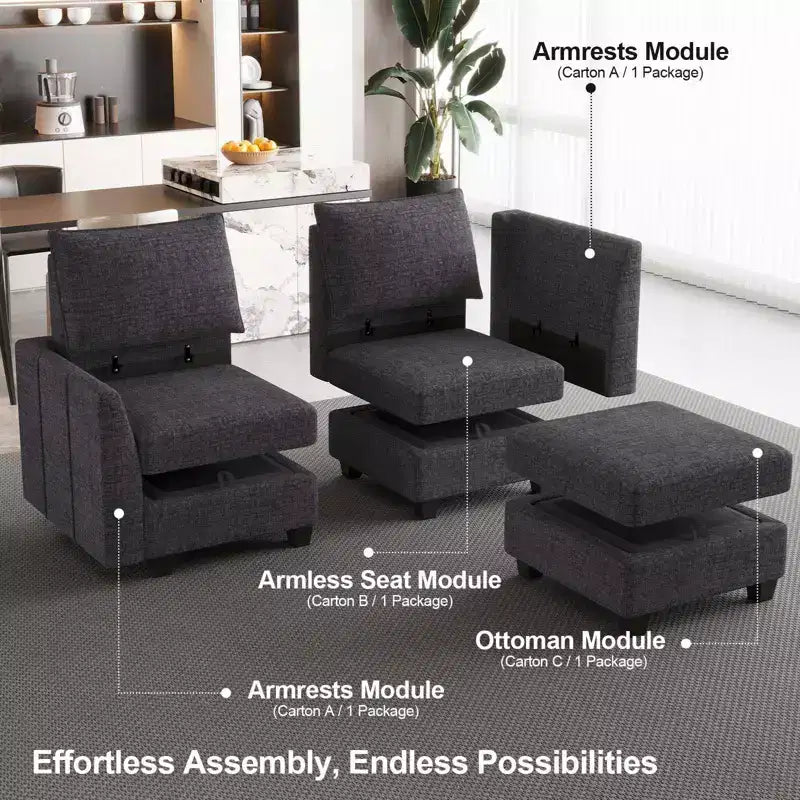 Canapé sectionnel modulaire en chenille Belffin avec rangement et méridienne en forme de L pour salon