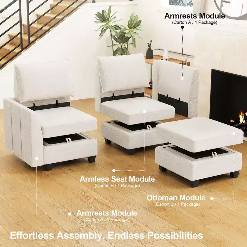 Canapé sectionnel modulaire en chenille Belffin avec rangement et méridienne en forme de L pour salon