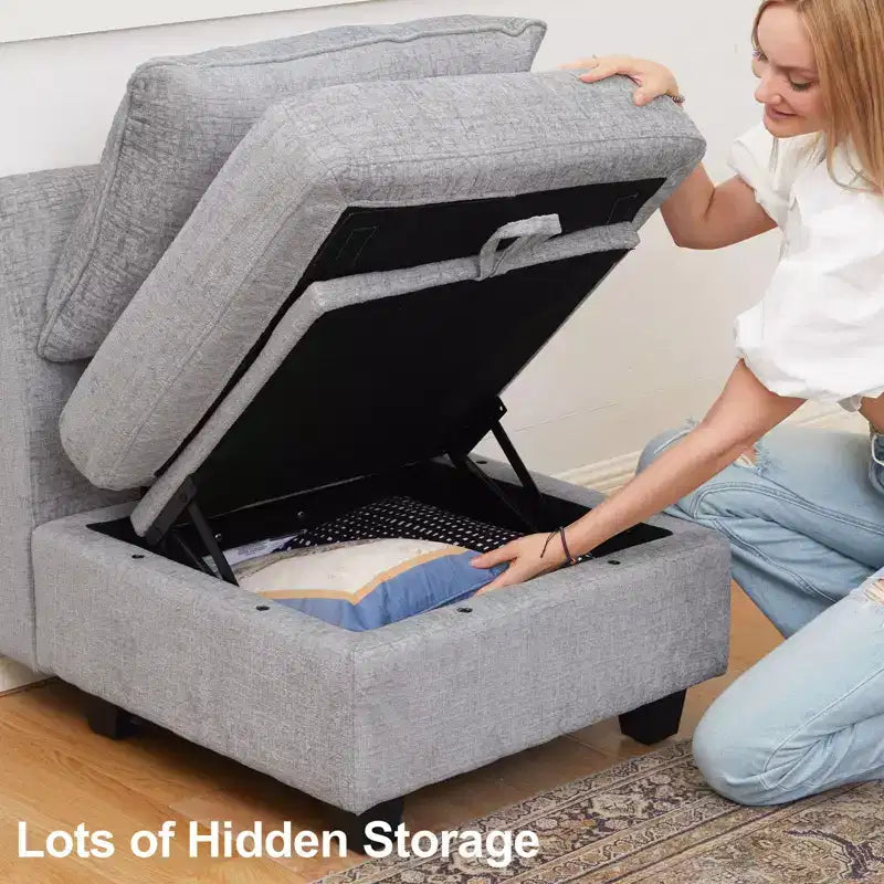 Canapé sectionnel modulaire en chenille Belffin avec rangement et méridienne en forme de L pour salon