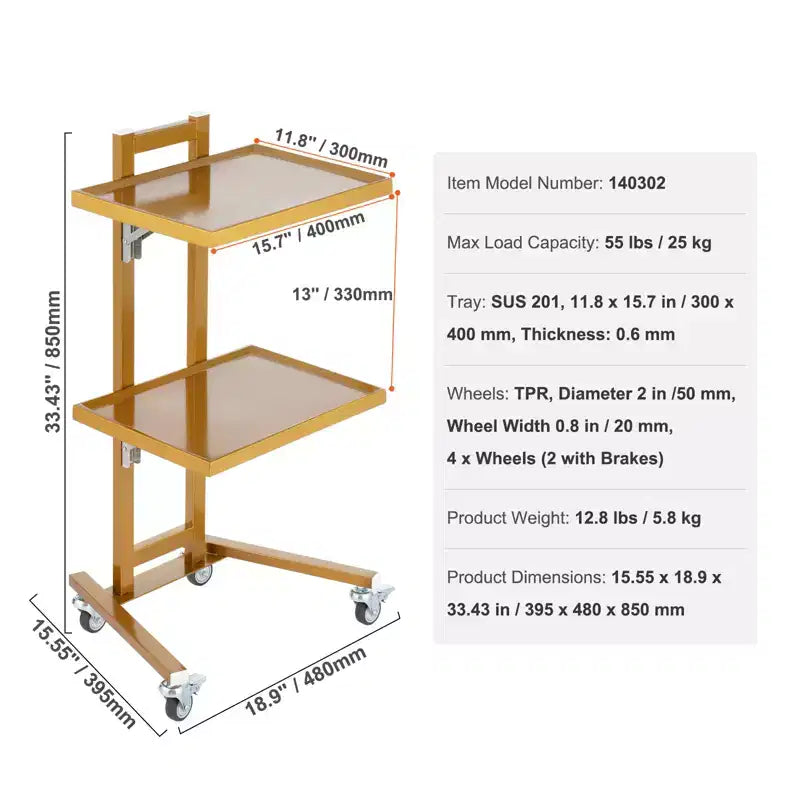 VEVOR 2 Tiers Stainless Steel Lab Carts, Lab Utility Cart with 2 Trays, Mobile Medical Cart with 4 Silent Wheels, Lab Rolling Cart