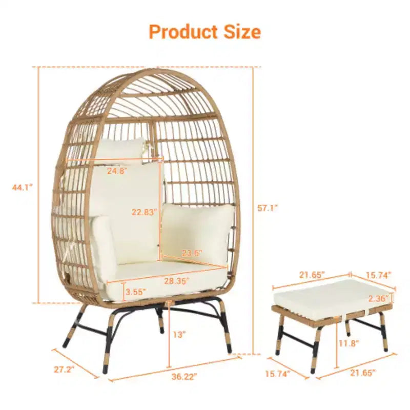 Fauteuil œuf en osier, fauteuil œuf en rotin intérieur extérieur, grands fauteuils œuf surdimensionnés 270 kg avec pouf et coussins épais pour porche, jardin, balcon
