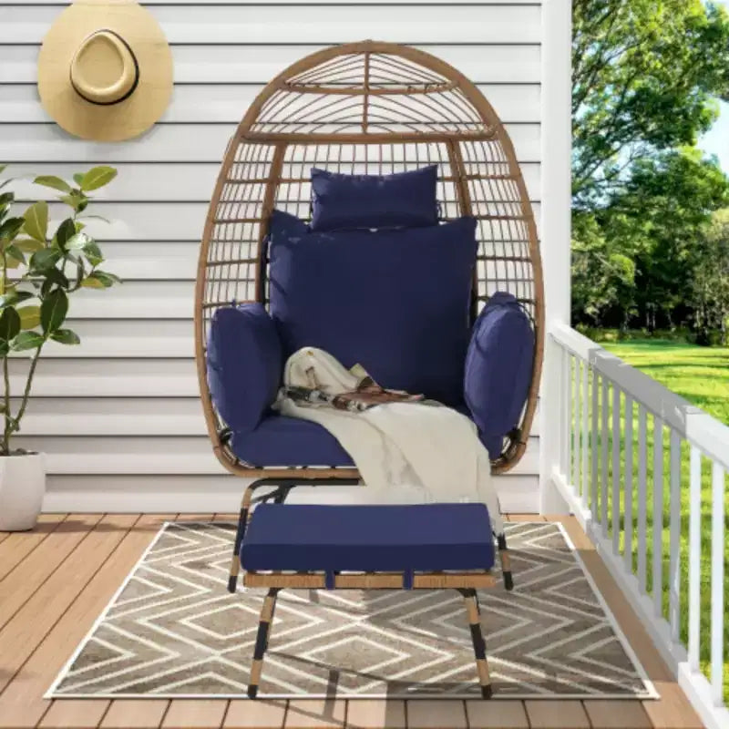 Fauteuil œuf en osier, fauteuil œuf en rotin intérieur extérieur, grands fauteuils œuf surdimensionnés 270 kg avec pouf et coussins épais pour porche, jardin, balcon
