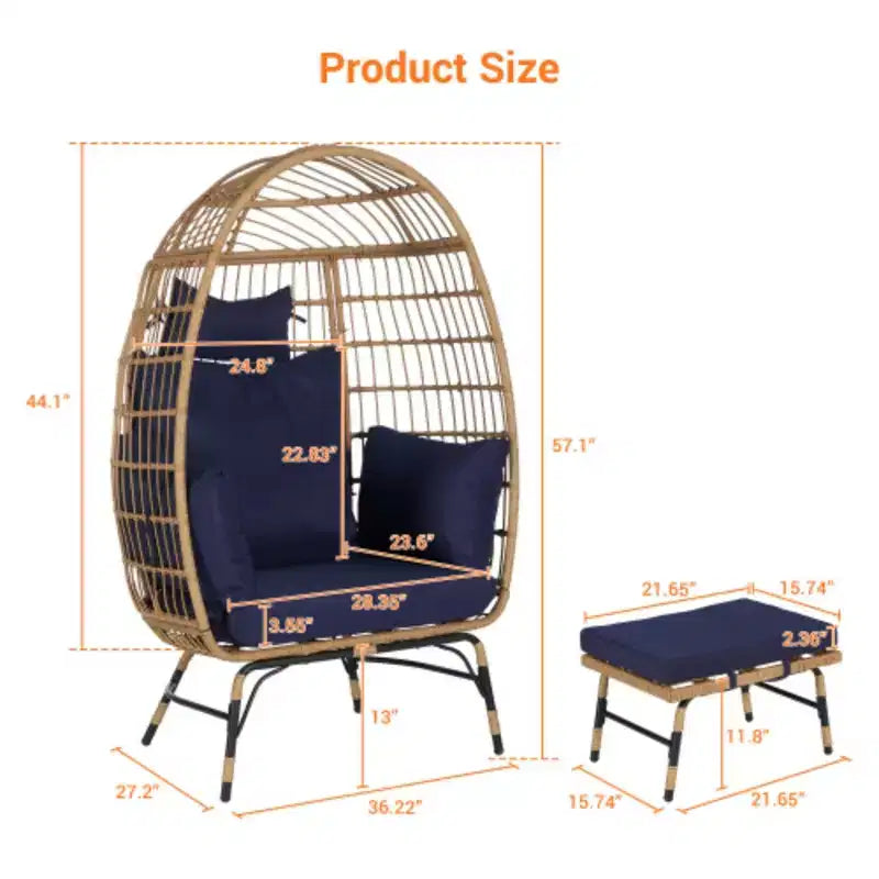 Fauteuil œuf en osier, fauteuil œuf en rotin intérieur extérieur, grands fauteuils œuf surdimensionnés 270 kg avec pouf et coussins épais pour porche, jardin, balcon