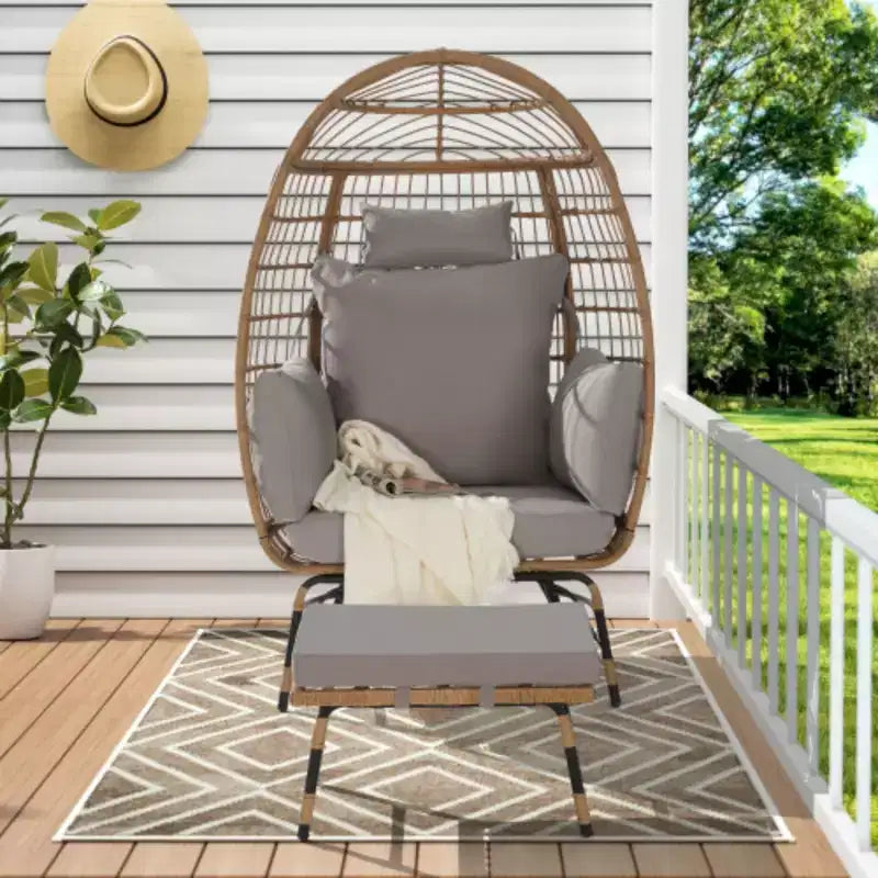 Fauteuil œuf en osier, fauteuil œuf en rotin intérieur extérieur, grands fauteuils œuf surdimensionnés 270 kg avec pouf et coussins épais pour porche, jardin, balcon