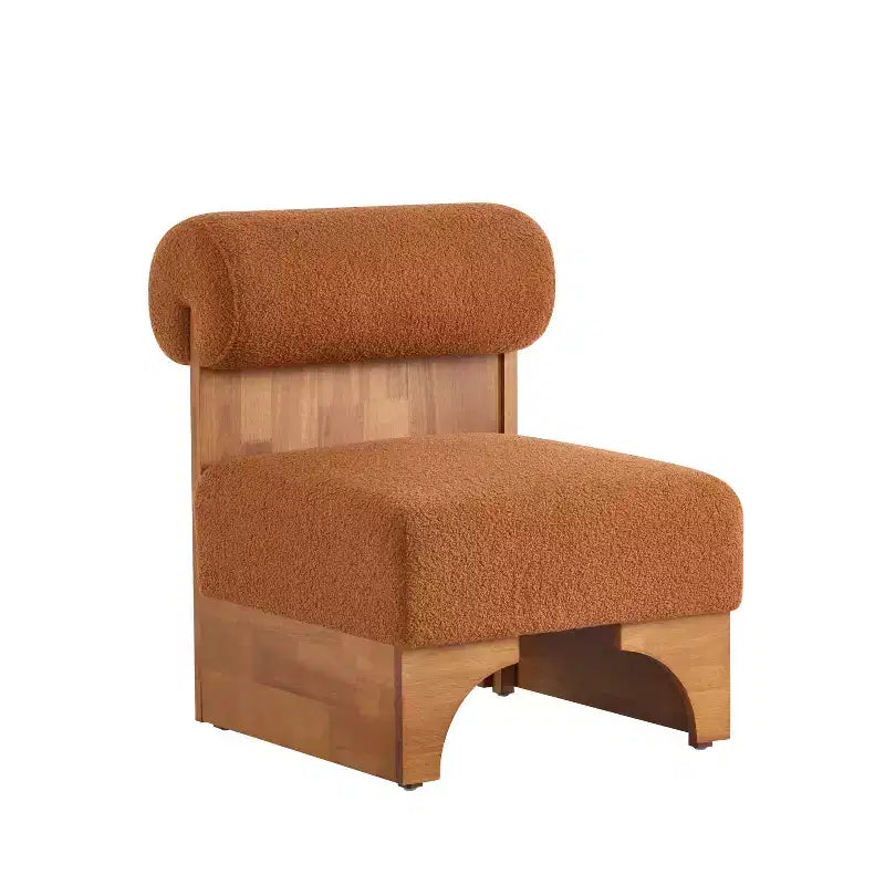 Fauteuil de salon moderne Vatros en bouclette avec cadre en bois massif et dossier roulé