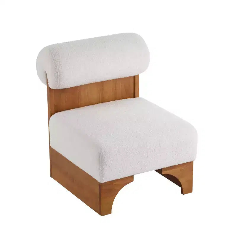 Fauteuil de salon moderne Vatros en bouclette avec cadre en bois massif et dossier roulé