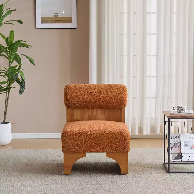Fauteuil de salon moderne Vatros en bouclette avec cadre en bois massif et dossier roulé