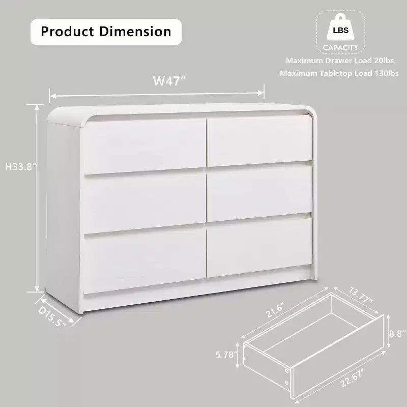 Commode 6 tiroirs SinCiDo pour chambre à coucher, commodes et chiffonniers modernes de 120 cm de large