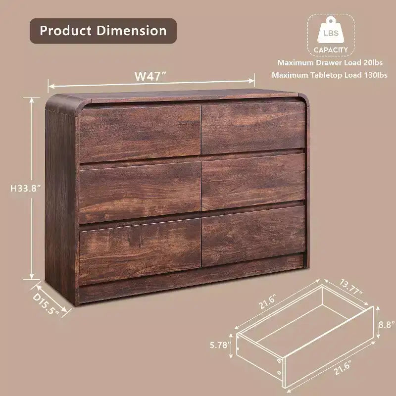 Commode 6 tiroirs SinCiDo pour chambre à coucher, commodes et chiffonniers modernes de 120 cm de large