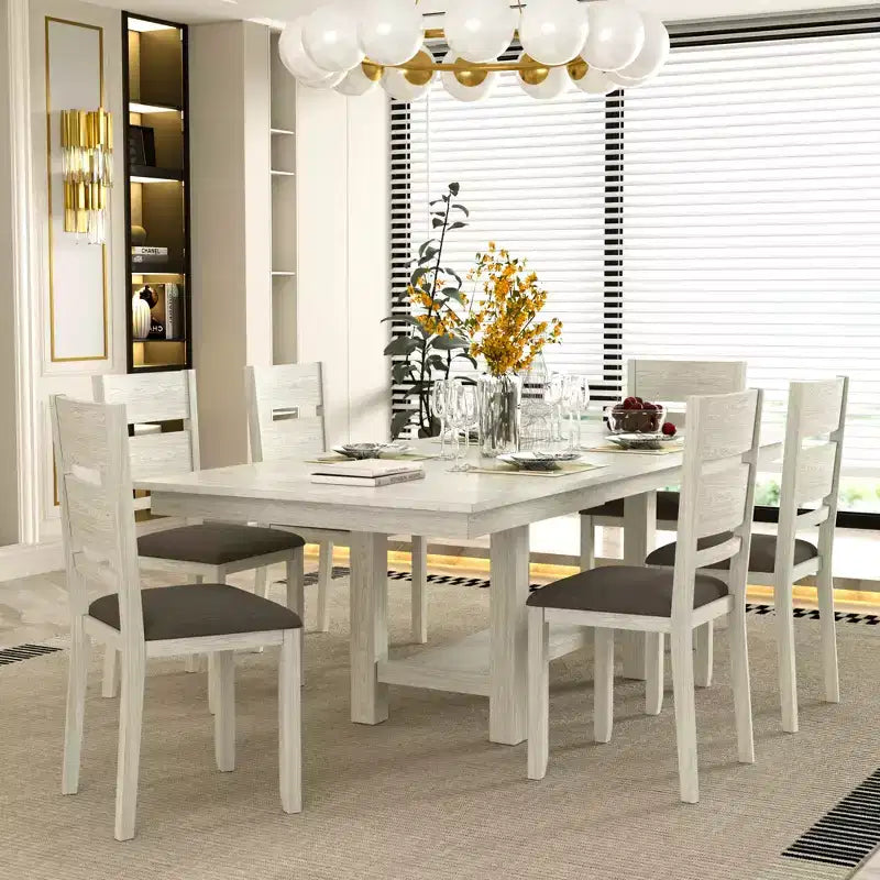 Ensemble de salle à manger extensible 7 pièces rustique VECELO pour 6 personnes, table en bois d'hévéa et 6 chaises de salle à manger rembourrées sans accoudoirs, gris