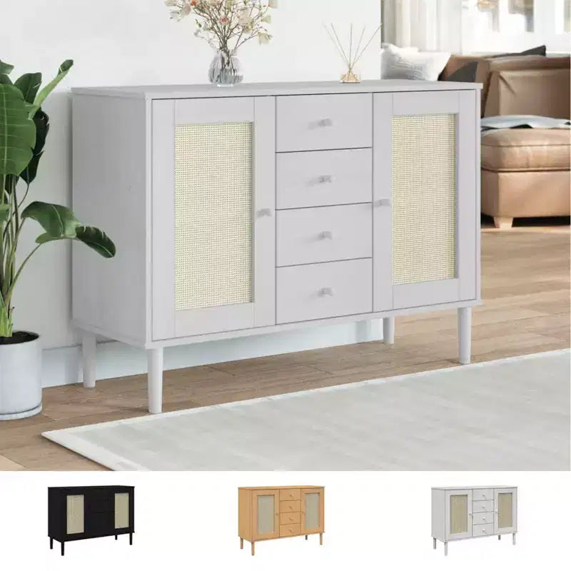 vidaXL SENJA Buffet bahut armoire de rangement aspect rotin bois de pin massif, avec 4 tiroirs