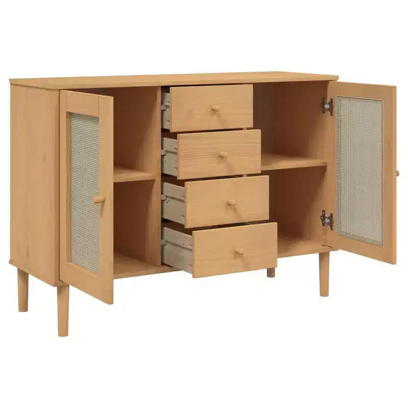 vidaXL SENJA Buffet bahut armoire de rangement aspect rotin bois de pin massif, avec 4 tiroirs