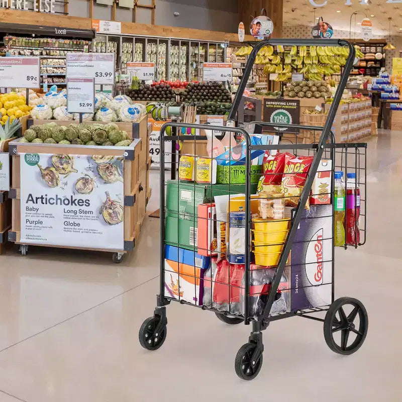 Chariot de Courses Pliable VEVOR, Chariot d'Épicerie Géant à Double Panier, Roues Pivotantes à 360°, Chariot Utilitaire Robuste, Capacité de 50 kg
