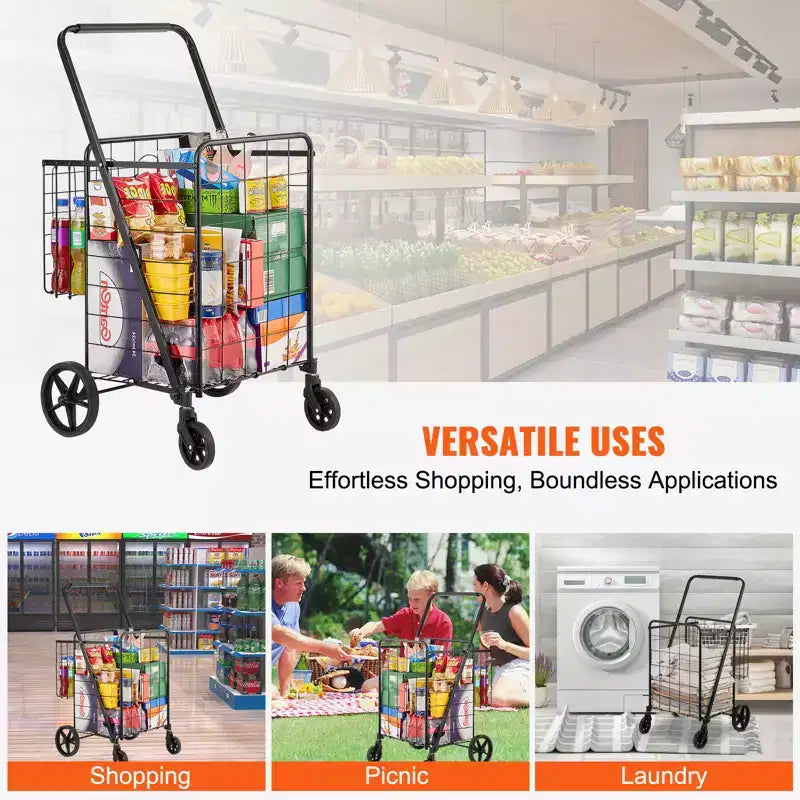 Chariot de Courses Pliable VEVOR, Chariot d'Épicerie Géant à Double Panier, Roues Pivotantes à 360°, Chariot Utilitaire Robuste, Capacité de 50 kg