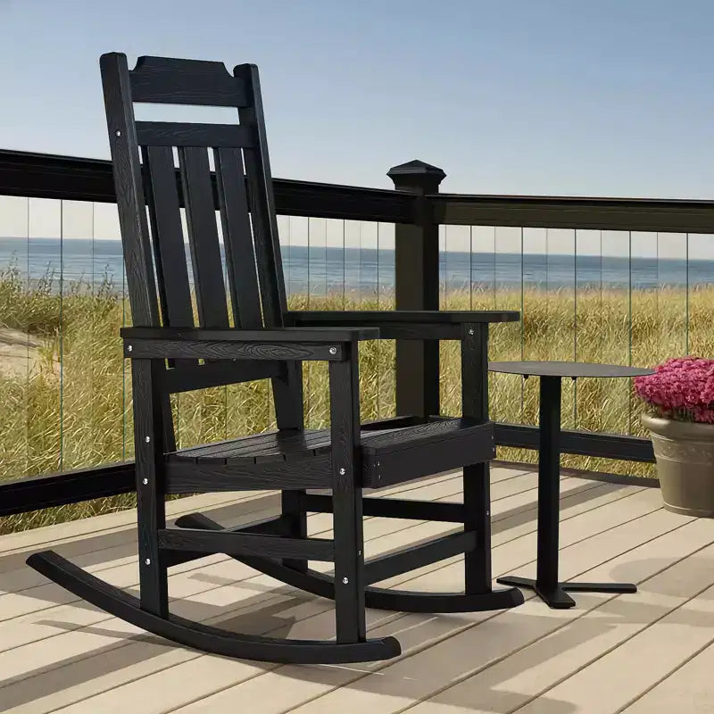 Fauteuil à bascule VEVOR Porch Rocker, fauteuil à bascule d'extérieur en HIPS, dossier haut avec accoudoirs lisses, supporte jusqu'à 181 kg, pour jardin, noir