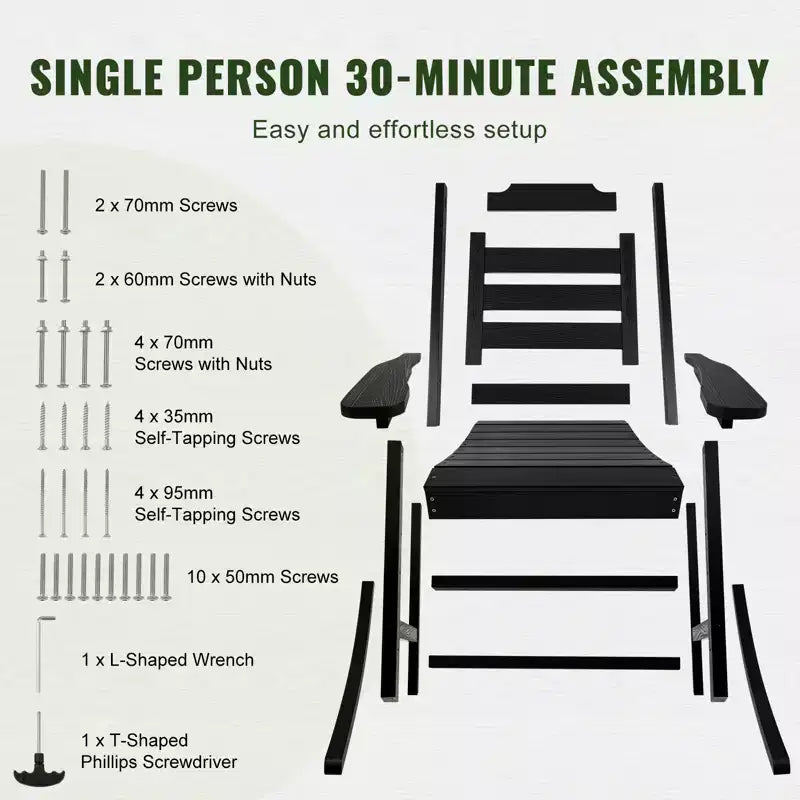 Fauteuil à bascule VEVOR Porch Rocker, fauteuil à bascule d'extérieur en HIPS, dossier haut avec accoudoirs lisses, supporte jusqu'à 181 kg, pour jardin, noir