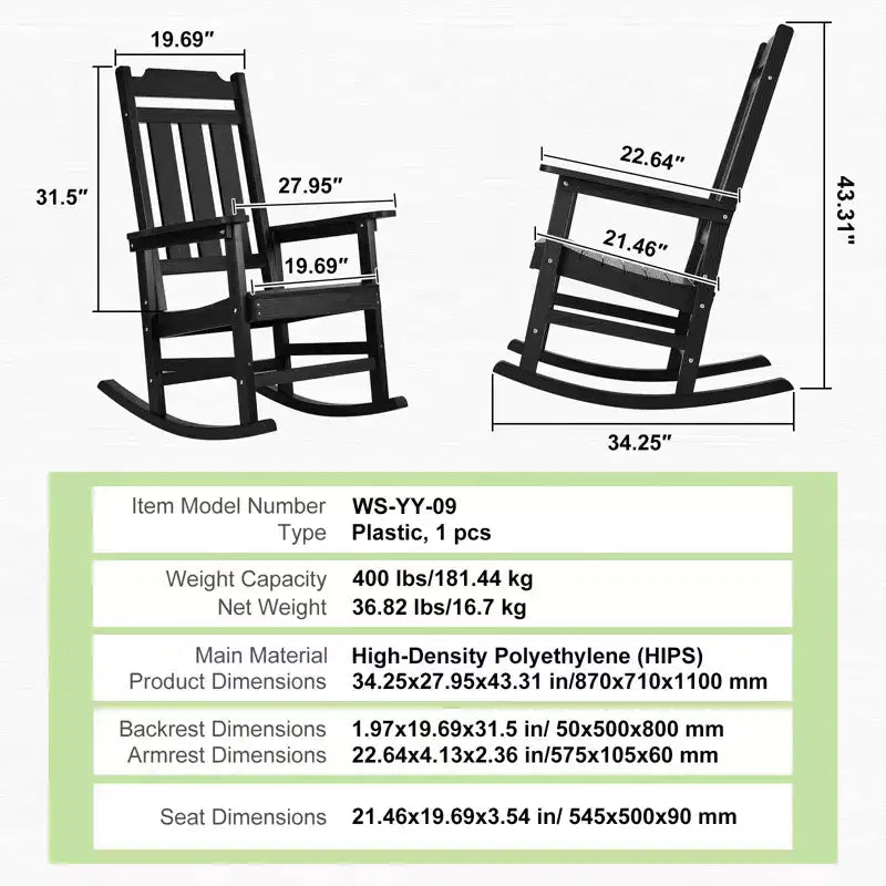 Fauteuil à bascule VEVOR Porch Rocker, fauteuil à bascule d'extérieur en HIPS, dossier haut avec accoudoirs lisses, supporte jusqu'à 181 kg, pour jardin, noir
