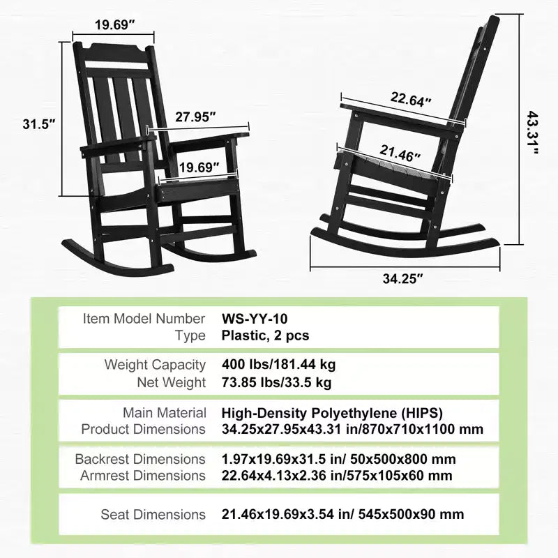 VEVOR Lot de 2 chaises à bascule pour porche, en HIPS, chaise à bascule d'extérieur, dossier haut avec accoudoirs lisses, supporte jusqu'à 181 kg
