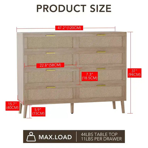 Commode en rotin à 8 tiroirs pour chambre à coucher, commode moderne de 120 cm avec poignée en métal, commode en bois pour téléviseur