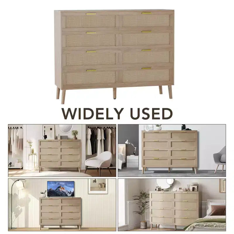 Commode en rotin à 8 tiroirs pour chambre à coucher, commode moderne de 120 cm avec poignée en métal, commode en bois pour téléviseur