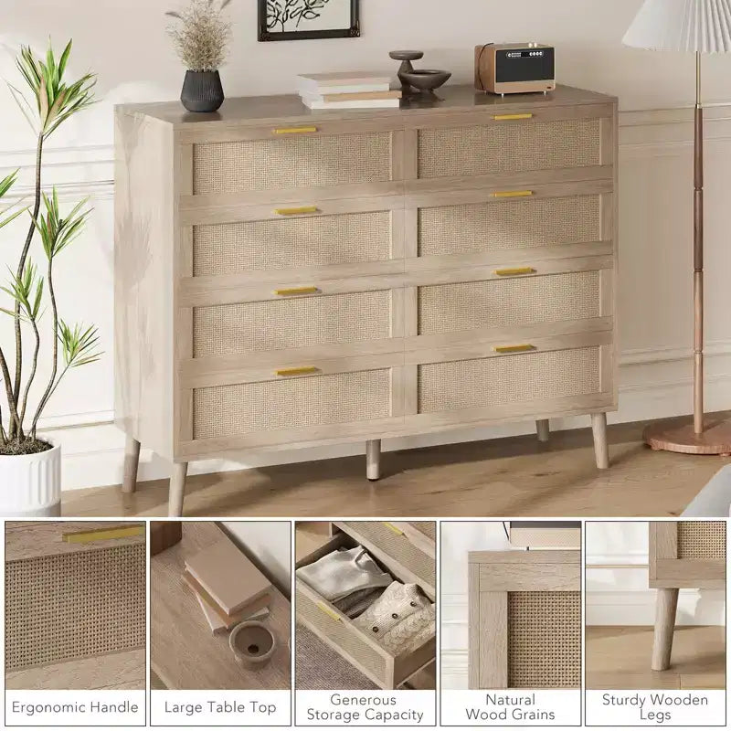 Commode en rotin à 8 tiroirs pour chambre à coucher, commode moderne de 120 cm avec poignée en métal, commode en bois pour téléviseur